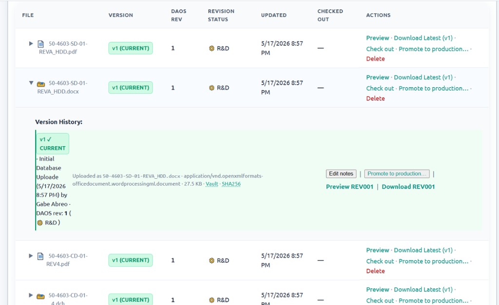 FoundryPDM document version history with current revision, upload audit trail, preview, and download