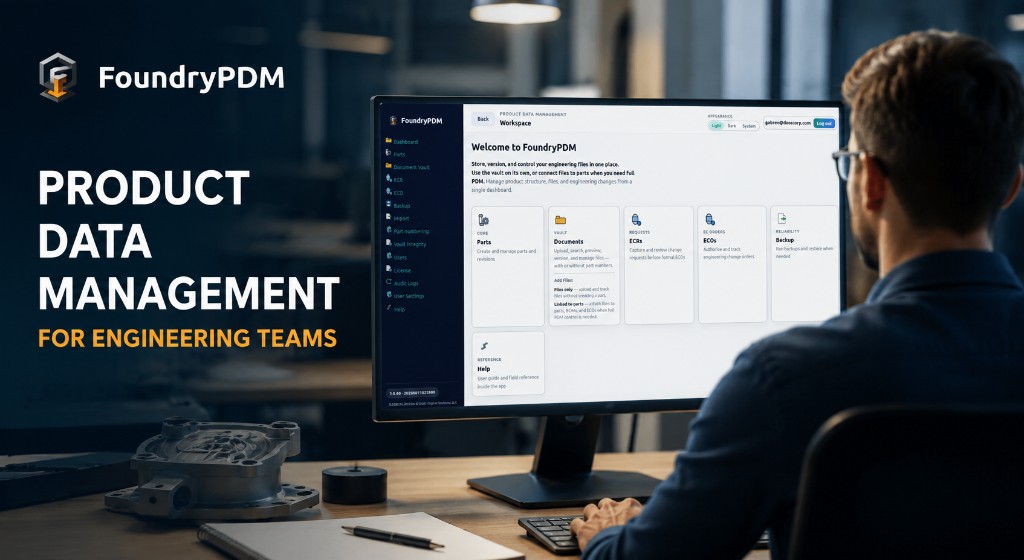 FoundryPDM — Product Data Management for engineering teams. Engineer at workstation with the FoundryPDM workspace showing parts, document vault, ECR, ECO, and backup modules.