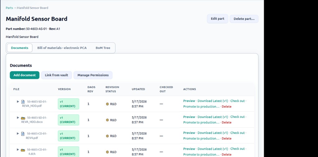 FoundryPDM part detail view showing documents tab with version, revision status, checkout, and document actions